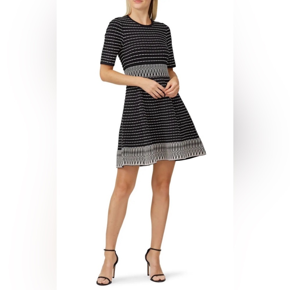 Shoshanna Black Knit Fit Flare Cocktail Dress Short Sleeve Metallic S
